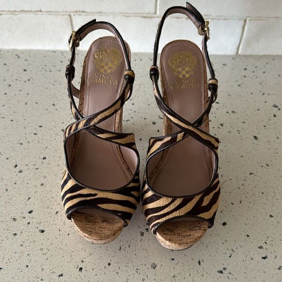 Vince Camuto VC-Deville Tan/Brown Leather Zebra Print Cork Platform Sandals Sz 9 - Picture 2 of 12